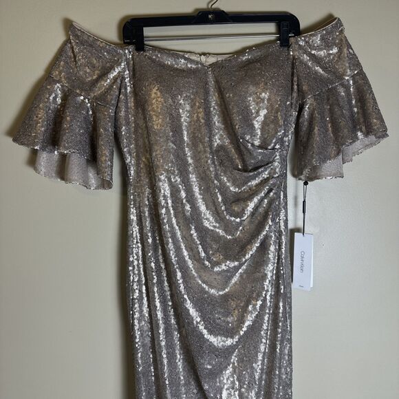 Calvin Klein Gold Sequin Off Shoulder Flutter Sleeve Gown Gathered Waist $298 - Picture 7 of 16